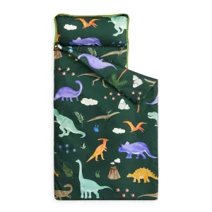 Wake In Cloud - Toddler Nap Mat with Pillow and Blanket, for Kids Boys Girls in Kindergarten Daycare Preschool Pre K, Roll Up Sleeping Bag, Cute Colorful Dinosaur, Dark Green, Standard