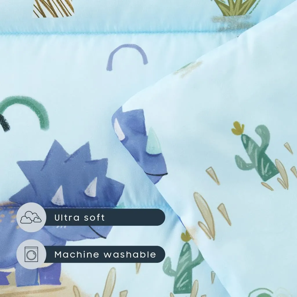 Wake In Cloud - Toddler Nap Mat with Pillow and Blanket, for Kids Boys Girls in Kindergarten Daycare Preschool Pre K, Roll Up Sleeping Bag, Jurassic Dinosaur Dino, Light Blue Brown, Standard