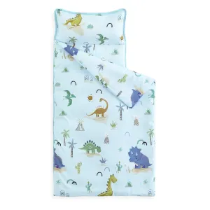 Wake In Cloud - Toddler Nap Mat with Pillow and Blanket, for Kids Boys Girls in Kindergarten Daycare Preschool Pre K, Roll Up Sleeping Bag, Jurassic Dinosaur Dino, Light Blue Brown, Standard