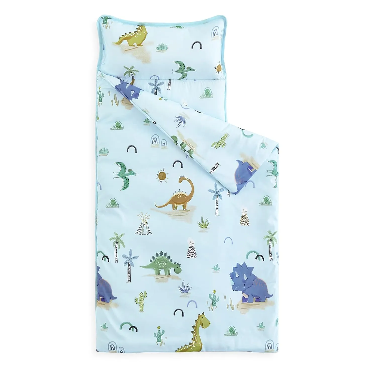 Wake In Cloud - Toddler Nap Mat with Pillow and Blanket, for Kids Boys Girls in Kindergarten Daycare Preschool Pre K, Roll Up Sleeping Bag, Jurassic Dinosaur Dino, Light Blue Brown, Standard