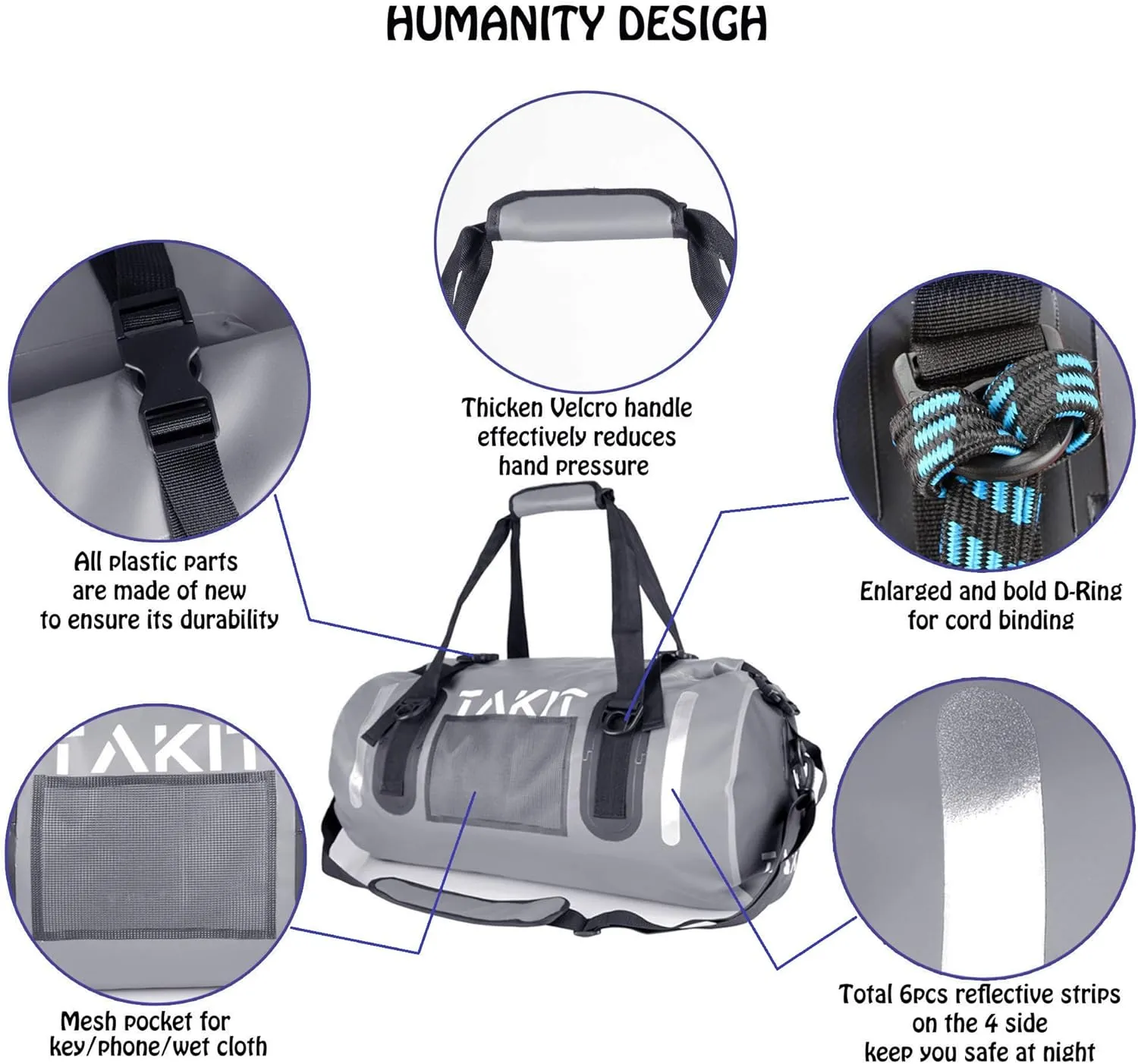 Waterproof Duffle Bag Travel Dry Bag 500D PVC for Motorcycle Tail Kayaking Rafting Boating Swimming Camping Hiking Beach Fishing (Grey, 60L)