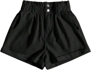 WDIRARA Women's Paper Bag Waist Button Roll Up Hem Denim Shorts with Pockets