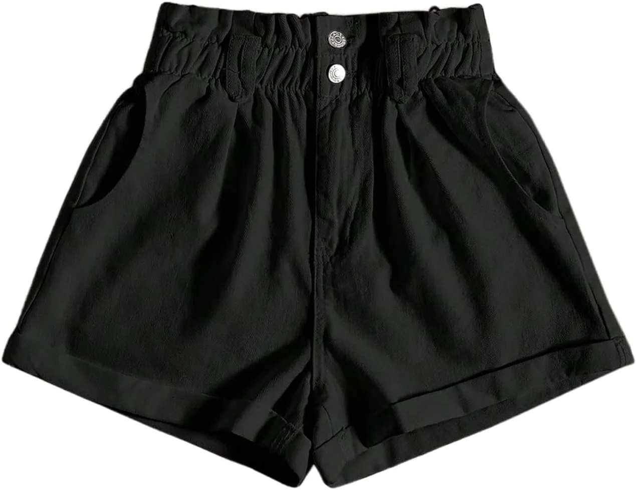 WDIRARA Women's Paper Bag Waist Button Roll Up Hem Denim Shorts with Pockets