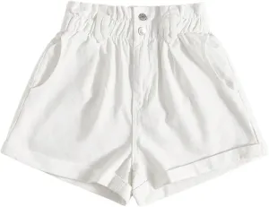 WDIRARA Women's Paper Bag Waist Button Roll Up Hem Denim Shorts with Pockets