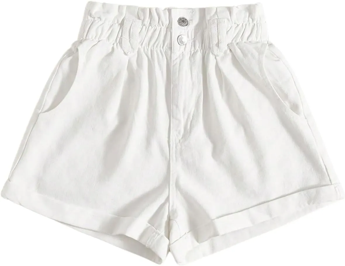 WDIRARA Women's Paper Bag Waist Button Roll Up Hem Denim Shorts with Pockets
