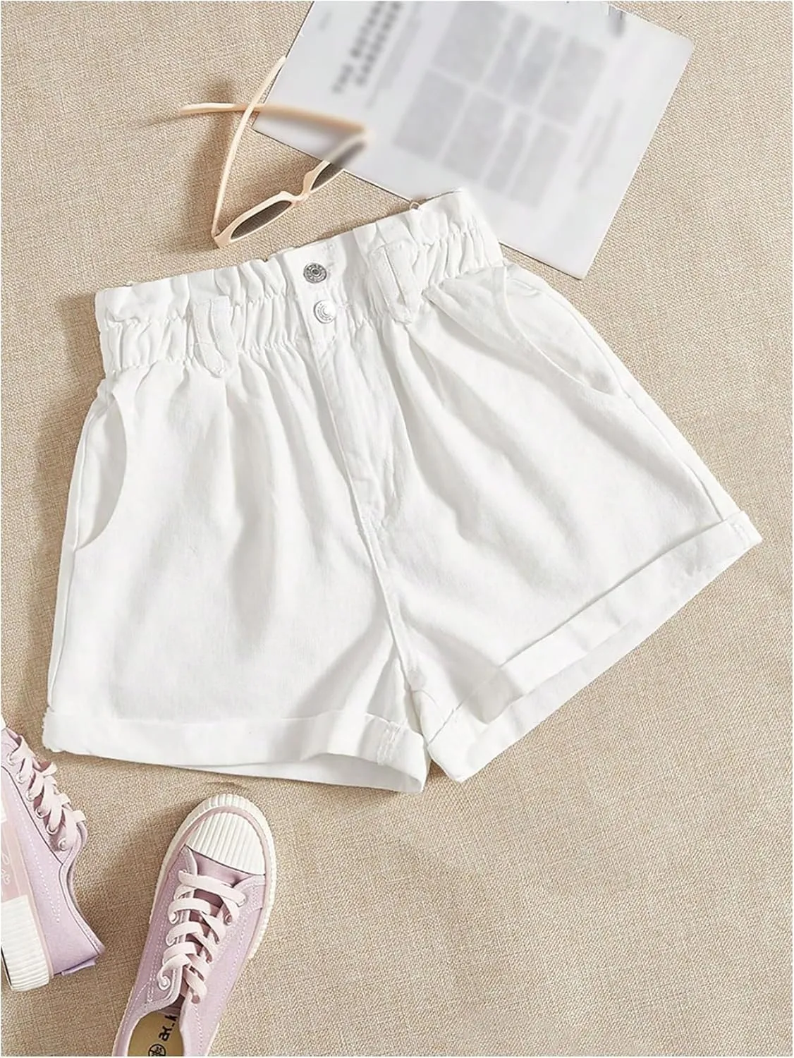 WDIRARA Women's Paper Bag Waist Button Roll Up Hem Denim Shorts with Pockets