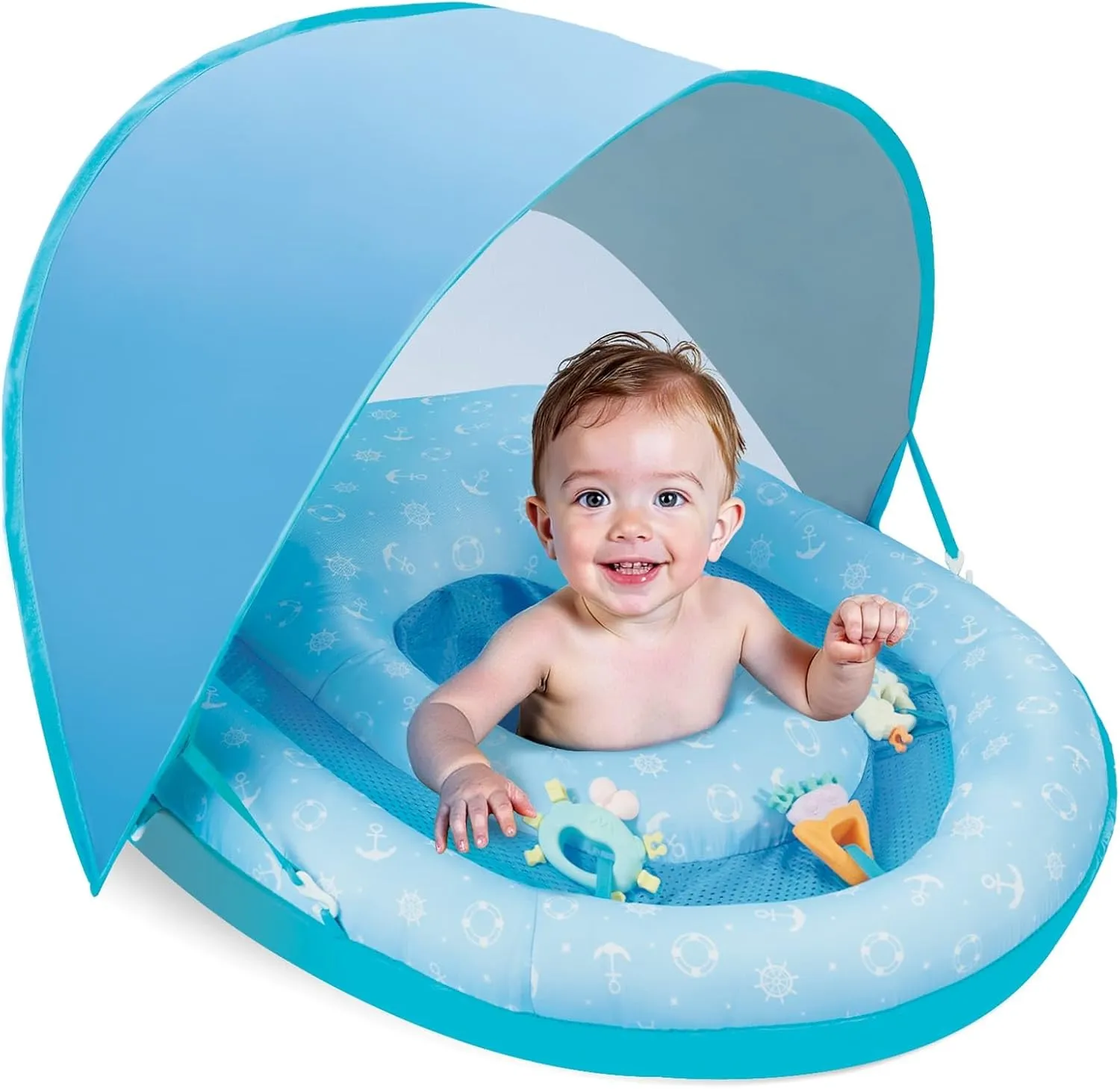 WERNNSAI Baby Pool Float with Foldable Canopy & UPF Protection Inflatable Infant Baby Swimming Float Chair with Sea Animal Toys Swimming Pool Accessories for Kids Toddler