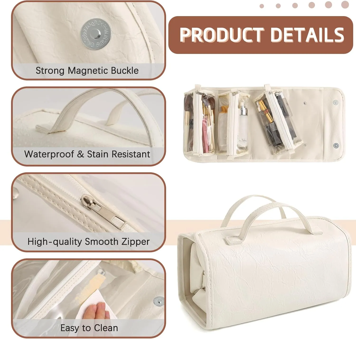 White Waterproof Makeup Bag With Detachable Compartments 4 in 1 Roll Up Toiletry Bag Leather Travel Makeup Organizer Makeup Pouches For Women