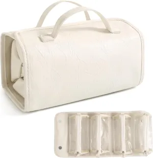 White Waterproof Makeup Bag With Detachable Compartments 4 in 1 Roll Up Toiletry Bag Leather Travel Makeup Organizer Makeup Pouches For Women
