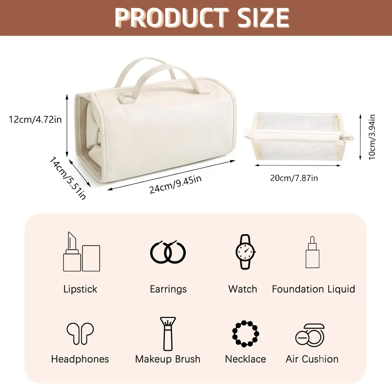White Waterproof Makeup Bag With Detachable Compartments 4 in 1 Roll Up Toiletry Bag Leather Travel Makeup Organizer Makeup Pouches For Women