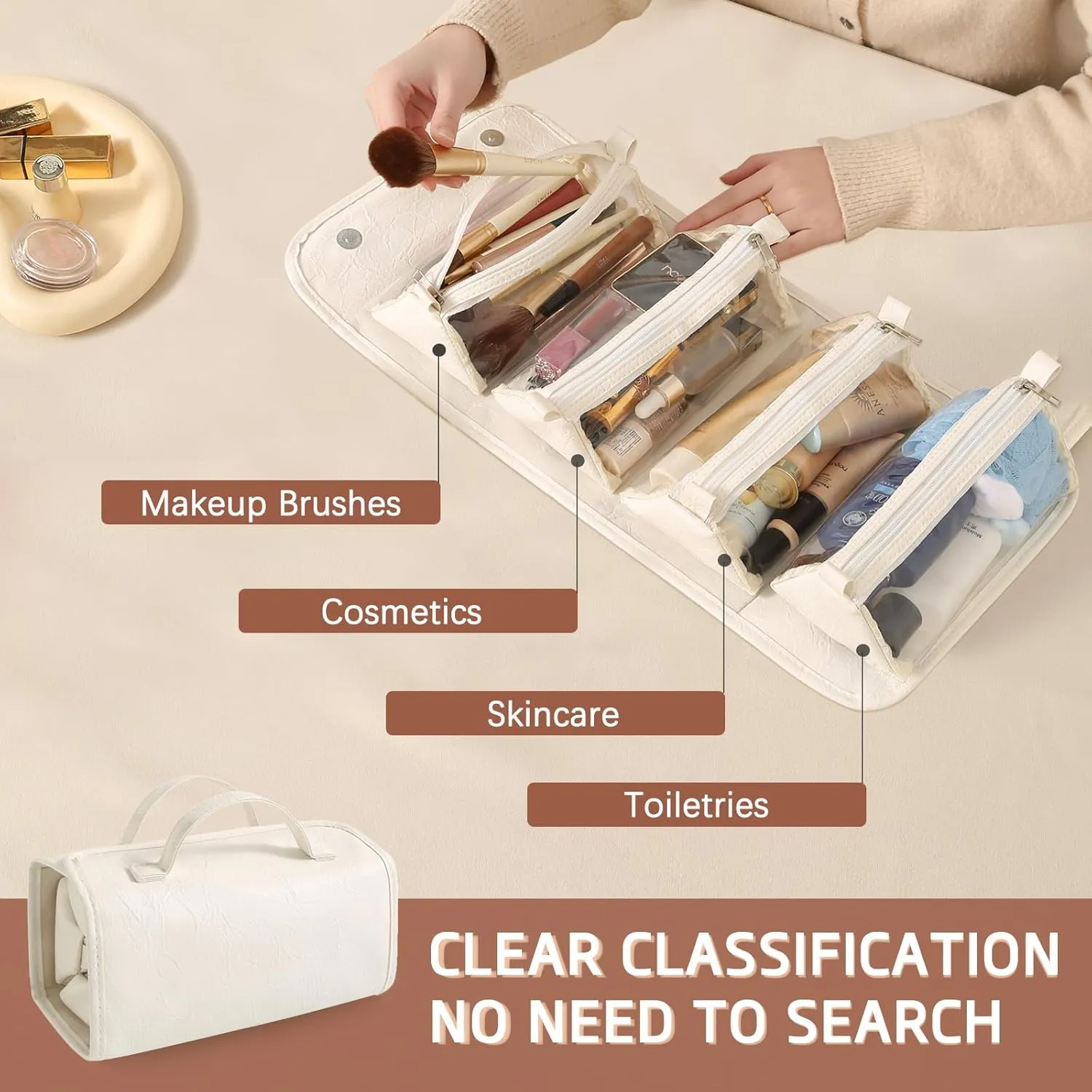 White Waterproof Makeup Bag With Detachable Compartments 4 in 1 Roll Up Toiletry Bag Leather Travel Makeup Organizer Makeup Pouches For Women