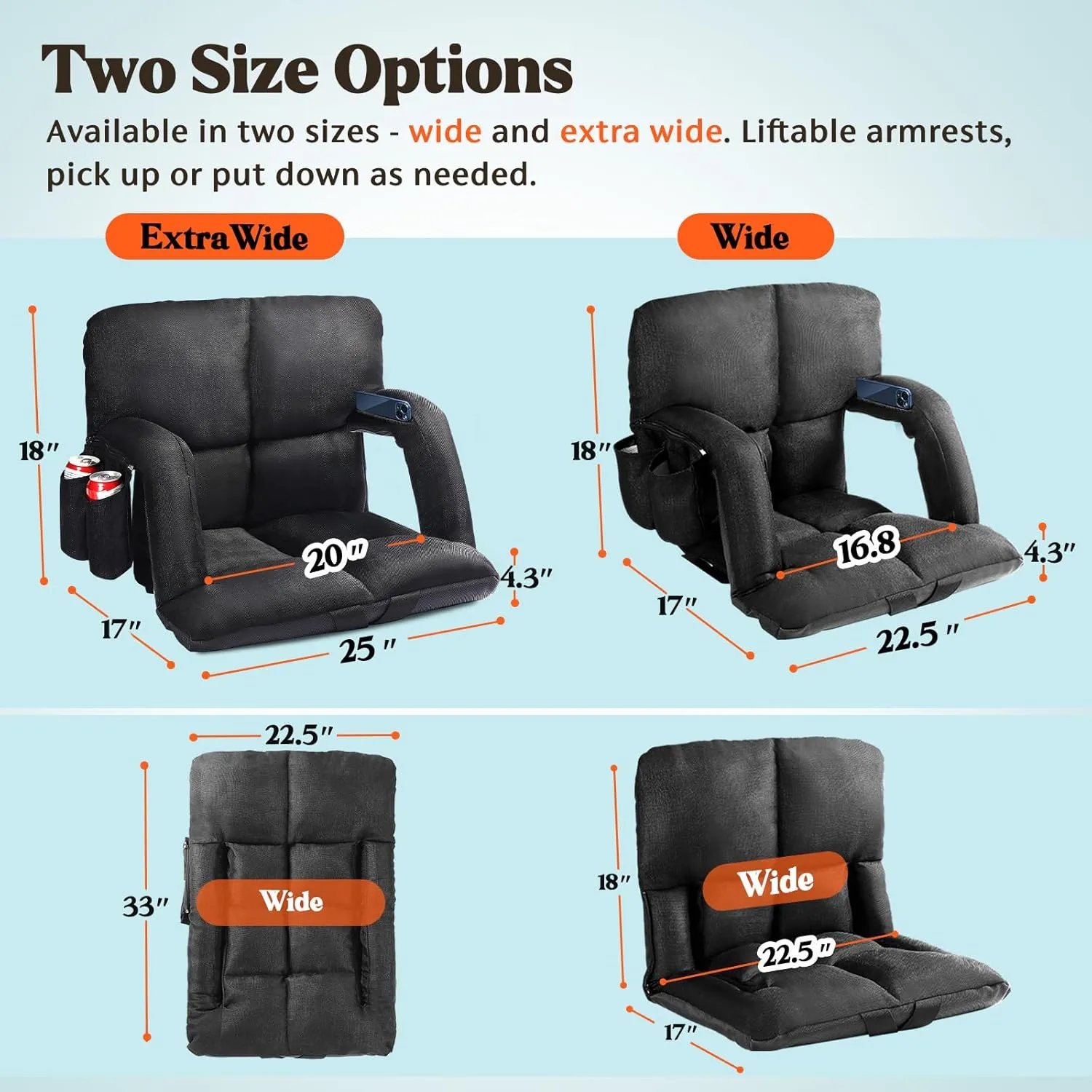 Wide Stadium Seats with Back Support, Bleacher Chairs with Comfy Cushion, 6 Reclining Positions, Portable Stadium Chair Bleacher Seat with Armrests for Outdoor Sport Events, Camping, Beaches (Black)