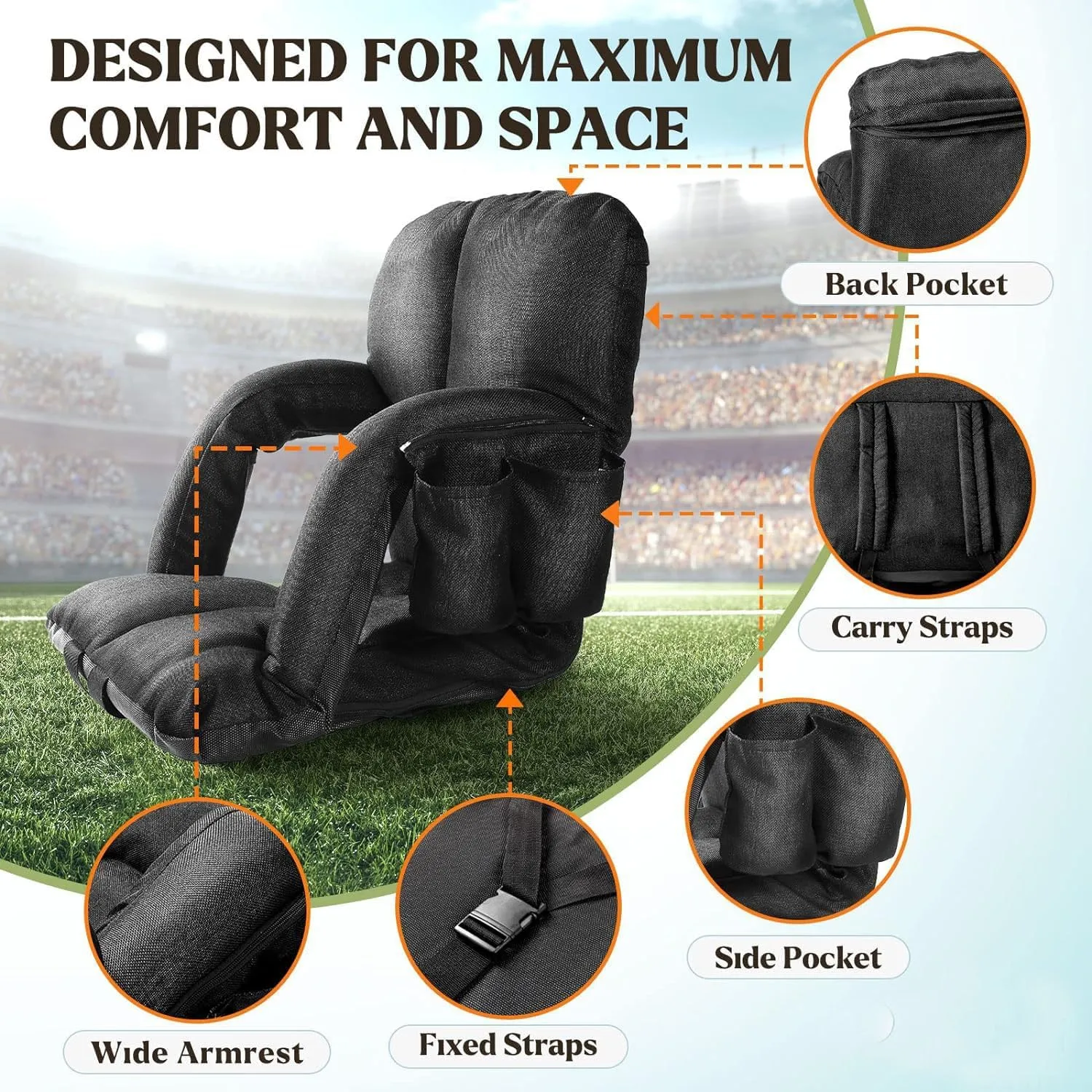 Wide Stadium Seats with Back Support, Bleacher Chairs with Comfy Cushion, 6 Reclining Positions, Portable Stadium Chair Bleacher Seat with Armrests for Outdoor Sport Events, Camping, Beaches (Black)