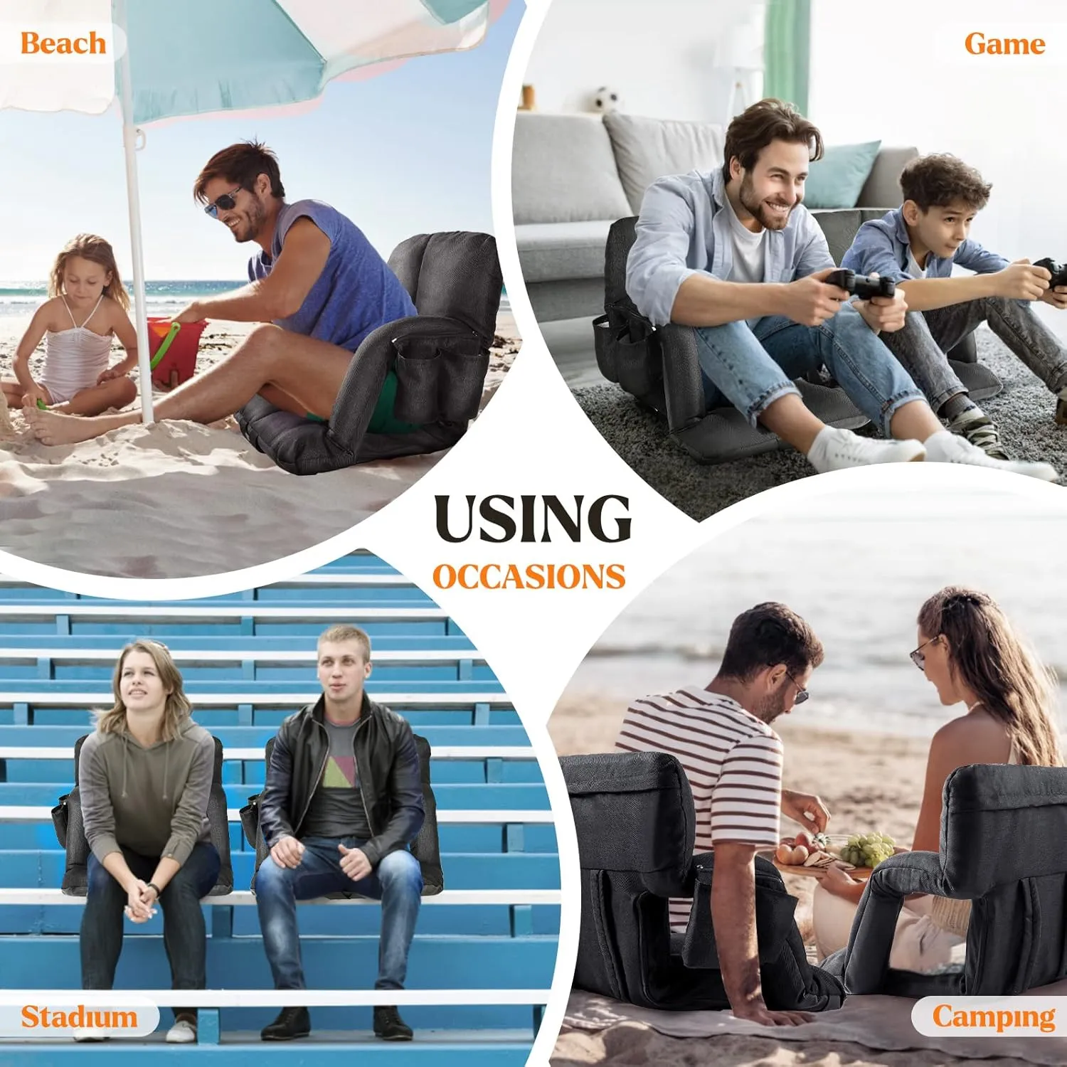 Wide Stadium Seats with Back Support, Bleacher Chairs with Comfy Cushion, 6 Reclining Positions, Portable Stadium Chair Bleacher Seat with Armrests for Outdoor Sport Events, Camping, Beaches (Black)