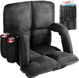 Wide Stadium Seats with Back Support, Bleacher Chairs with Comfy Cushion, 6 Reclining Positions, Portable Stadium Chair Bleacher Seat with Armrests for Outdoor Sport Events, Camping, Beaches (Black)