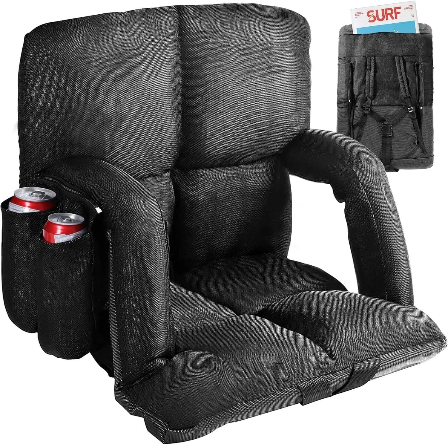 Wide Stadium Seats with Back Support, Bleacher Chairs with Comfy Cushion, 6 Reclining Positions, Portable Stadium Chair Bleacher Seat with Armrests for Outdoor Sport Events, Camping, Beaches (Black)