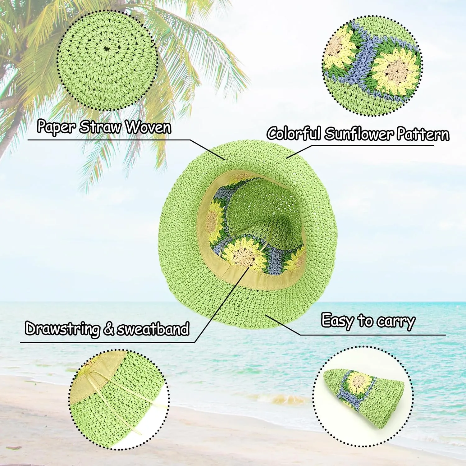 Women Straw Sun Hat Foldable Beach Hat Sunflower Floppy Bucket Hat