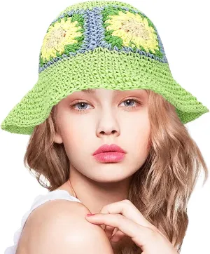 Women Straw Sun Hat Foldable Beach Hat Sunflower Floppy Bucket Hat