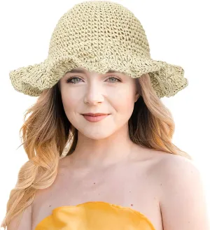 Women Straw Sun Hat Foldable Beach Hat Wide Brim Floppy Bucket Hat (Beige-Pleated Edge)