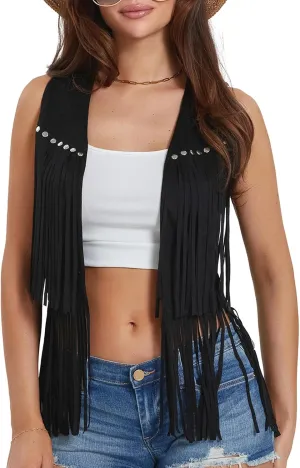 Womens Fringe Vest 60s 70s Hippie Vest Sleeveless Cowgirl Western Faux Suede Tassel Jacket Cardigan Outerwear