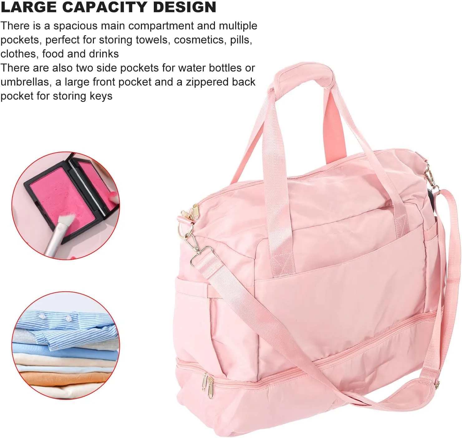 Women's Sports Gym Bag with USB Charging Port, Large Capacity Yoga Bag, Weekender Travel Bag, Ivory White for Fitness (Pink)
