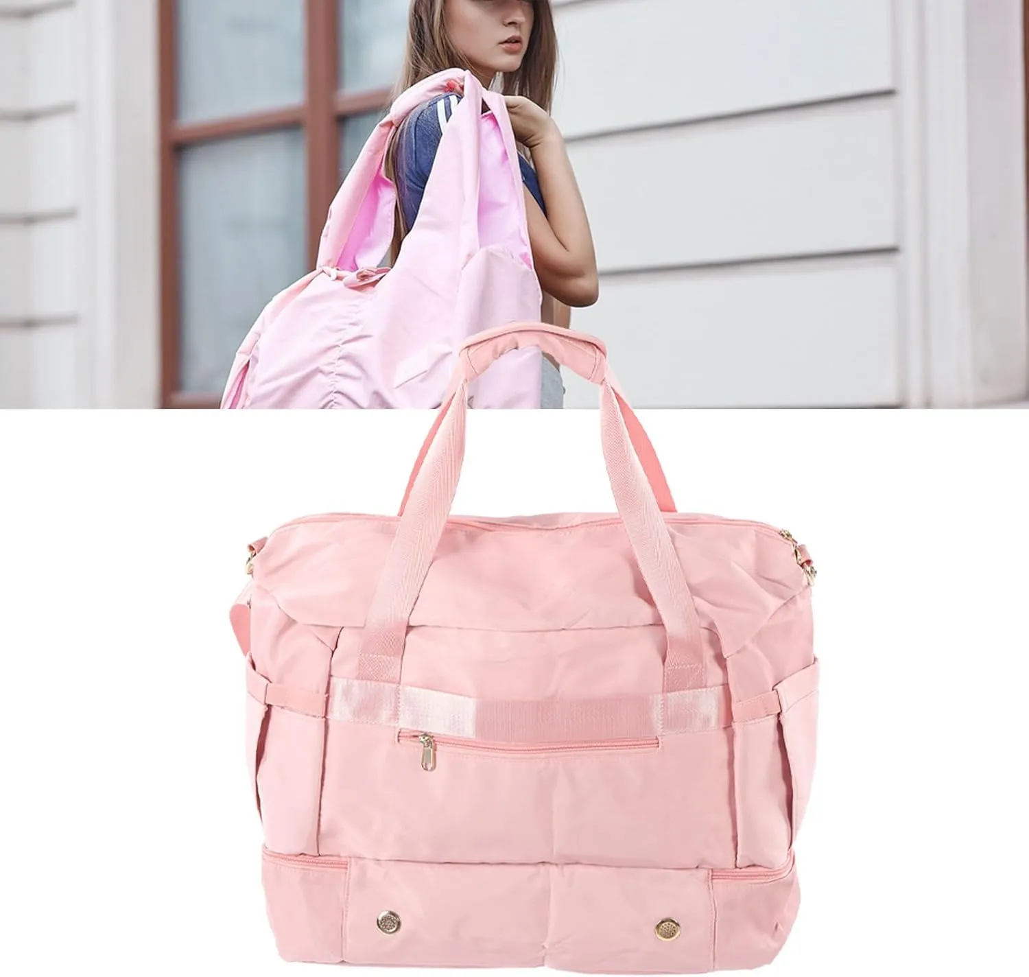 Women's Sports Gym Bag with USB Charging Port, Large Capacity Yoga Bag, Weekender Travel Bag, Ivory White for Fitness (Pink)