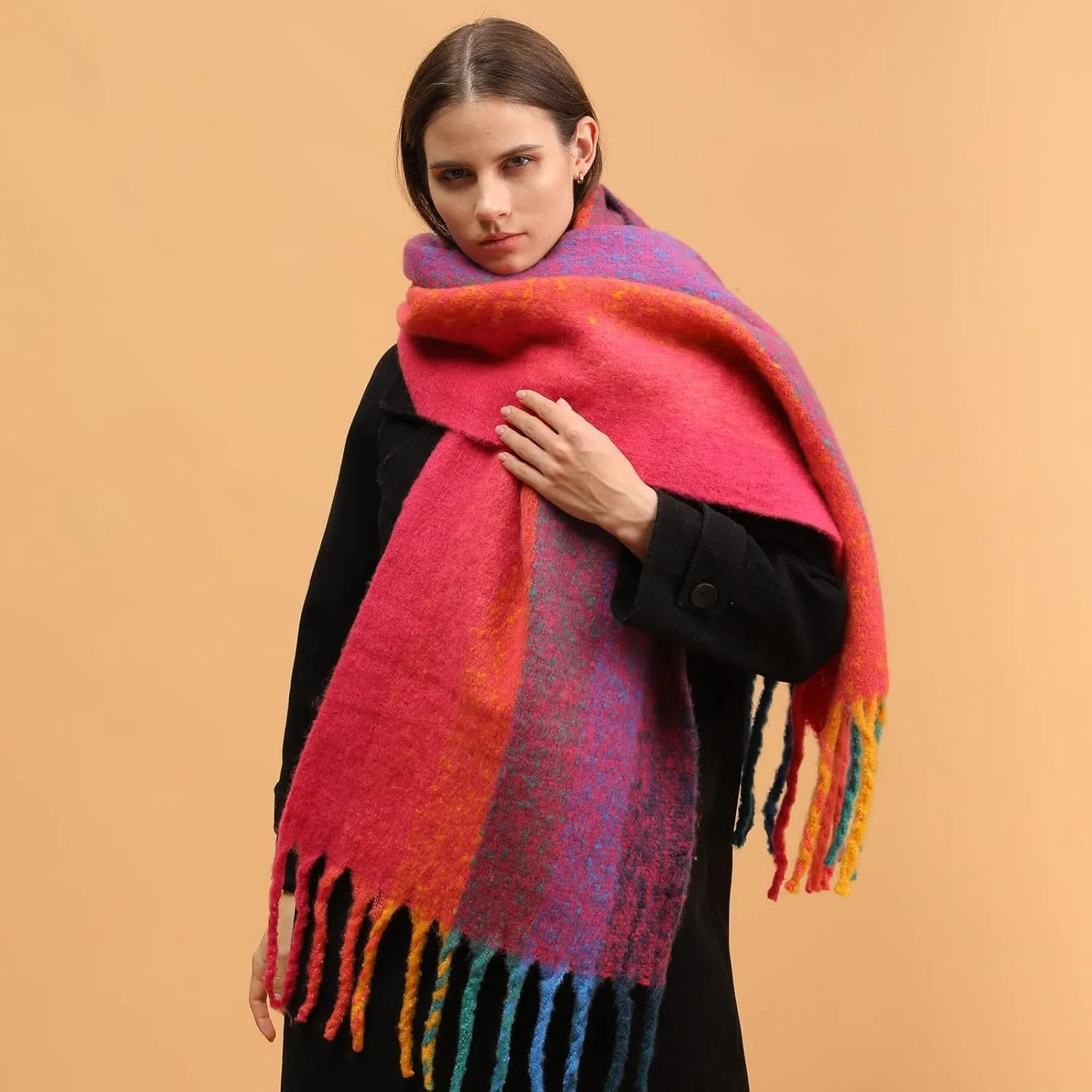 Women's Warm Scarf,Colorful Soft Comfort Elegant Cold Weather Pashmina Shawl,Fashion Long Scarf,Pigtail Tassel …