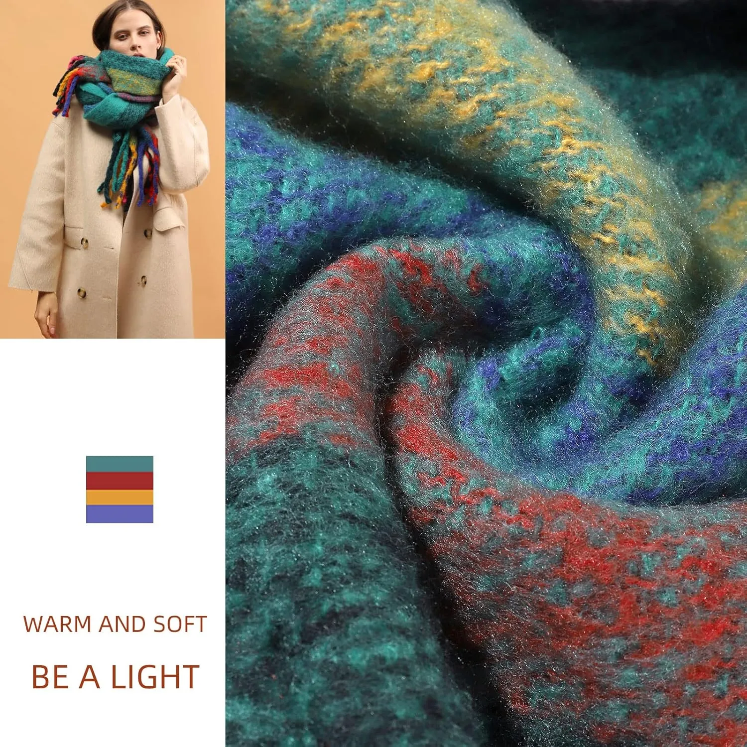 Women's Warm Scarf,Colorful Soft Comfort Elegant Cold Weather Pashmina Shawl,Fashion Long Scarf,Pigtail Tassel …