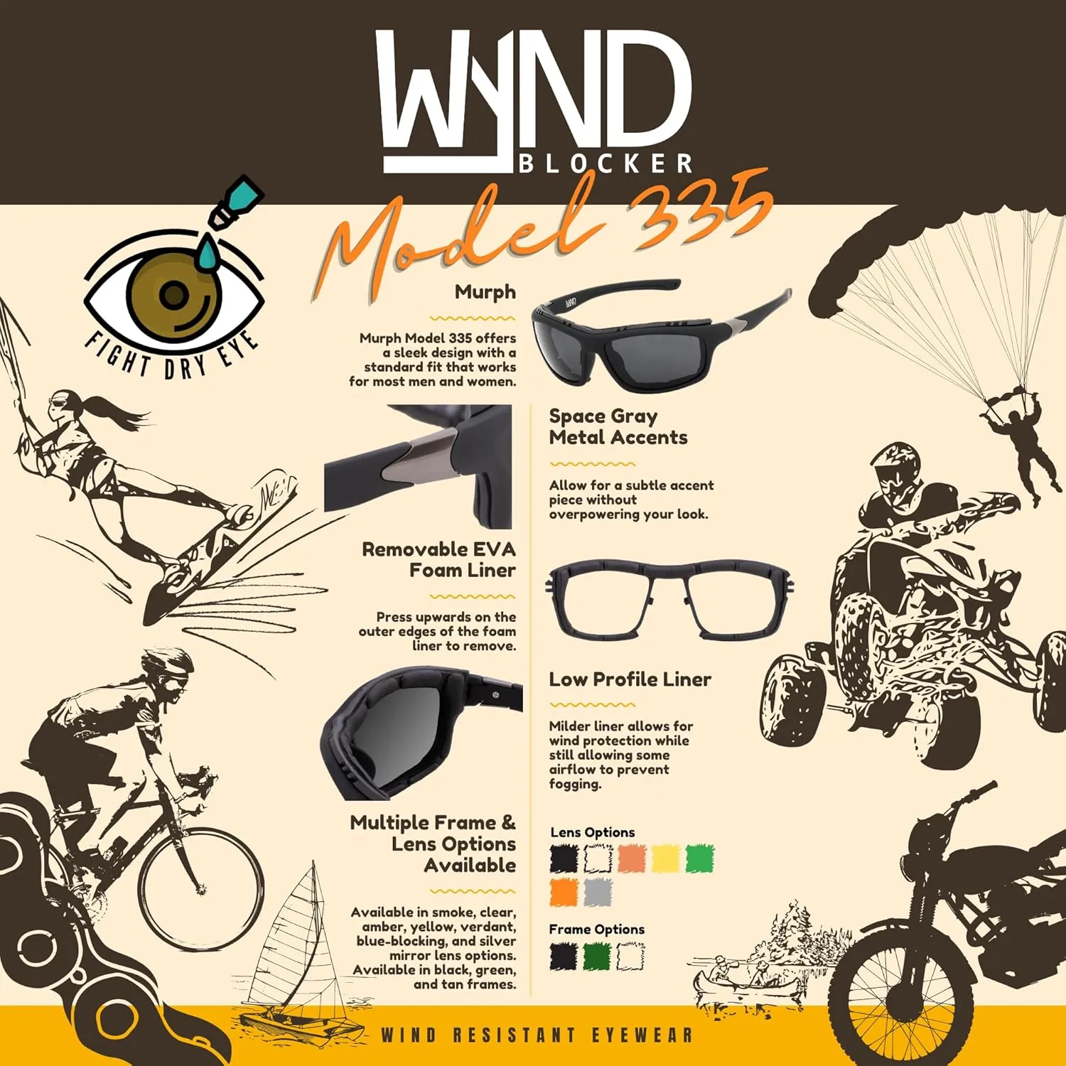 WYND Blocker Polarized Dry Eye Wind Resistant Sunglasses Motorcycle Glasses (Model 335 Polarized)