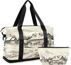 xigua Gym Bag Horses in Ranch Travel Duffel Bag - Sports Gym Bag with Dry Wet Pocket Cosmetic bag & Shoes Compartment for Women and Men