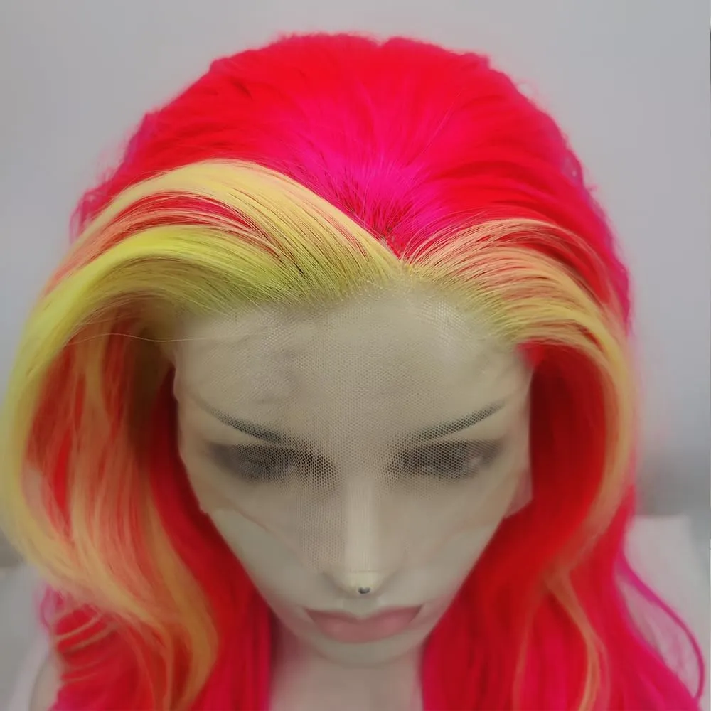 Xiweiya Long Hot Pink Wigs Body Curly Neon Blonde Highlight Red Synthetic Lace Front Wig Natural Hairline 13x3 Lace Part Wig Heat Resistant Fiber Hair 150% Density Wig For Women 24inch