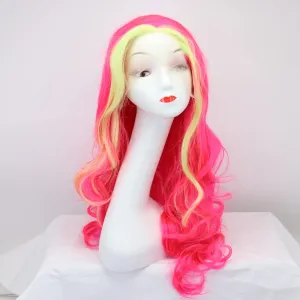 Xiweiya Long Hot Pink Wigs Body Curly Neon Blonde Highlight Red Synthetic Lace Front Wig Natural Hairline 13x3 Lace Part Wig Heat Resistant Fiber Hair 150% Density Wig For Women 24inch