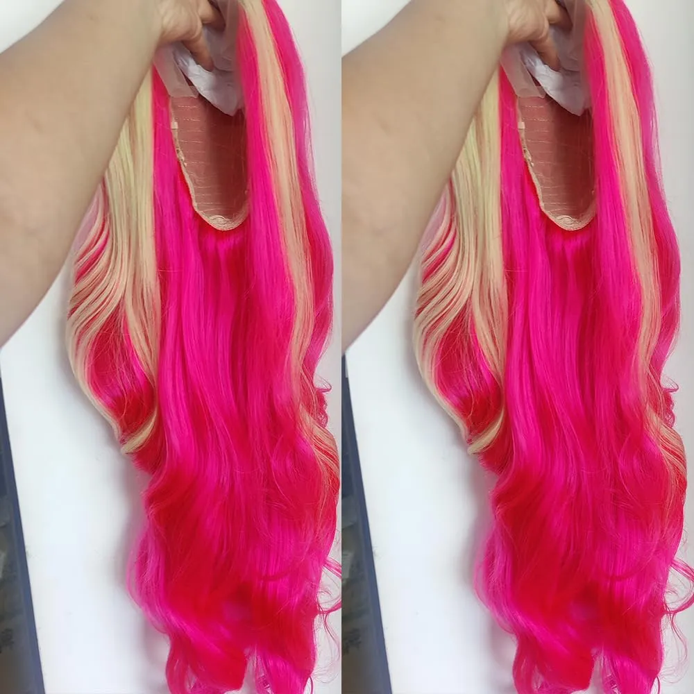Xiweiya Long Hot Pink Wigs Body Curly Neon Blonde Highlight Red Synthetic Lace Front Wig Natural Hairline 13x3 Lace Part Wig Heat Resistant Fiber Hair 150% Density Wig For Women 24inch