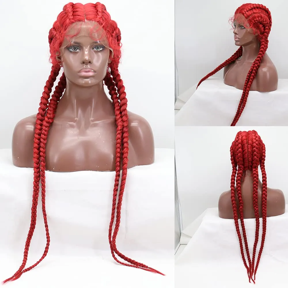 xiweiya Mixed Red Braided Wig - 4xTwist Braids with Baby Hairs, Lace Front Wig, 360 Swiss Lace Front, Bright Red Twisted Braids, 36in