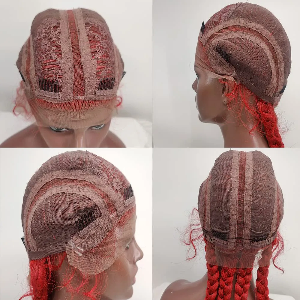 xiweiya Mixed Red Braided Wig - 4xTwist Braids with Baby Hairs, Lace Front Wig, 360 Swiss Lace Front, Bright Red Twisted Braids, 36in