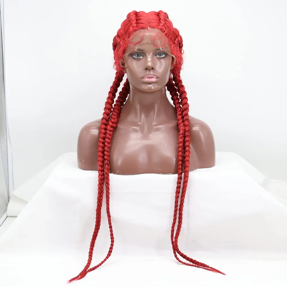 xiweiya Mixed Red Braided Wig - 4xTwist Braids with Baby Hairs, Lace Front Wig, 360 Swiss Lace Front, Bright Red Twisted Braids, 36in