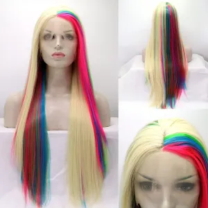 xiweiya Wigs Piano Color Mixed Rose Pink Green to Blue Blonde Lace Front Wigs Multi-colored Straight Wig for Women Heat Resistant Fiber Wig for Drag Queen Halloween Cosplay Wigs