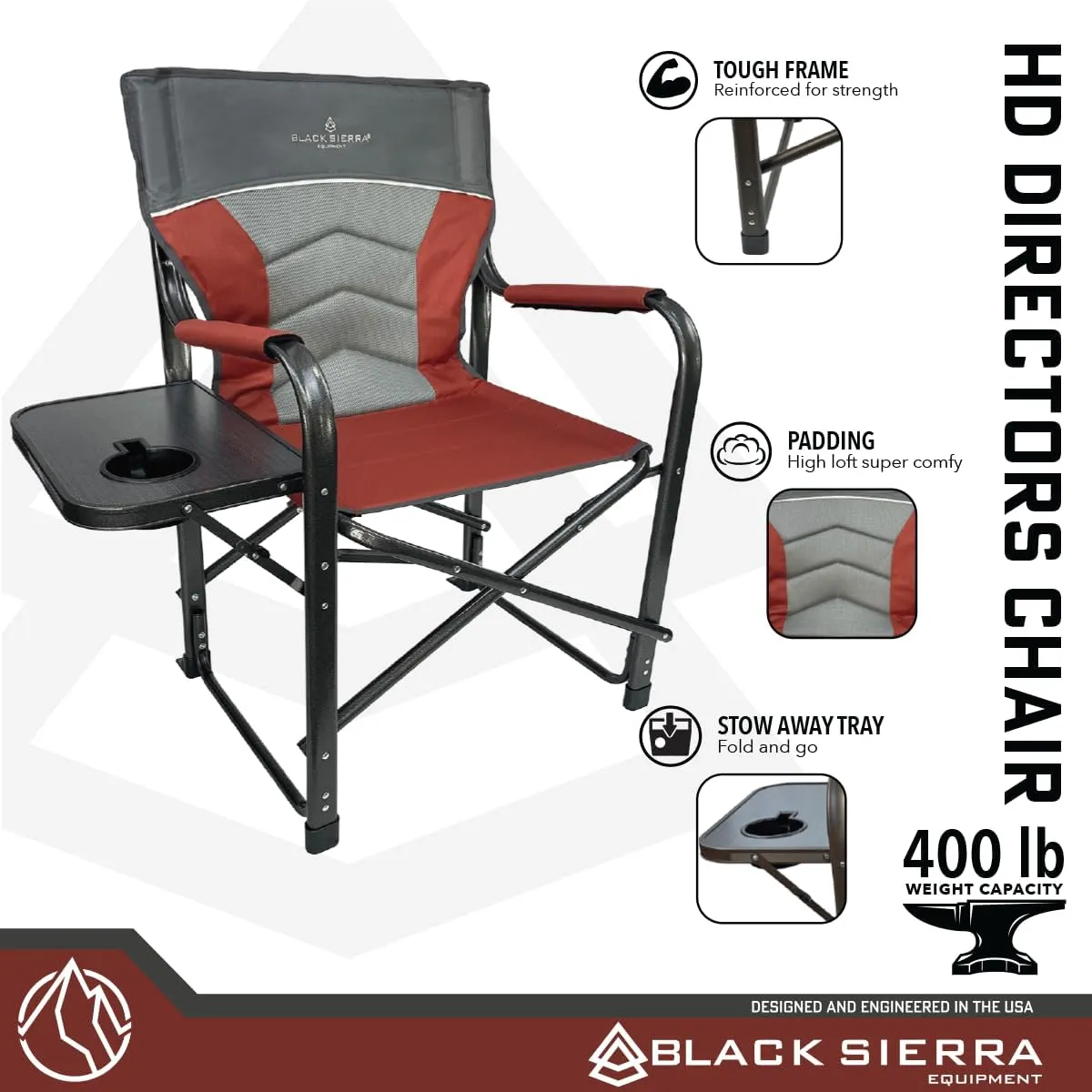 XL Directors Chair with Foldable Side Table, Heavy Duty Camp Chair supports 400 Lbs, Oversize Outdoor Folding Seat with High Back and Padded Armrests for Lawn, Beach, Tailgating, Sports