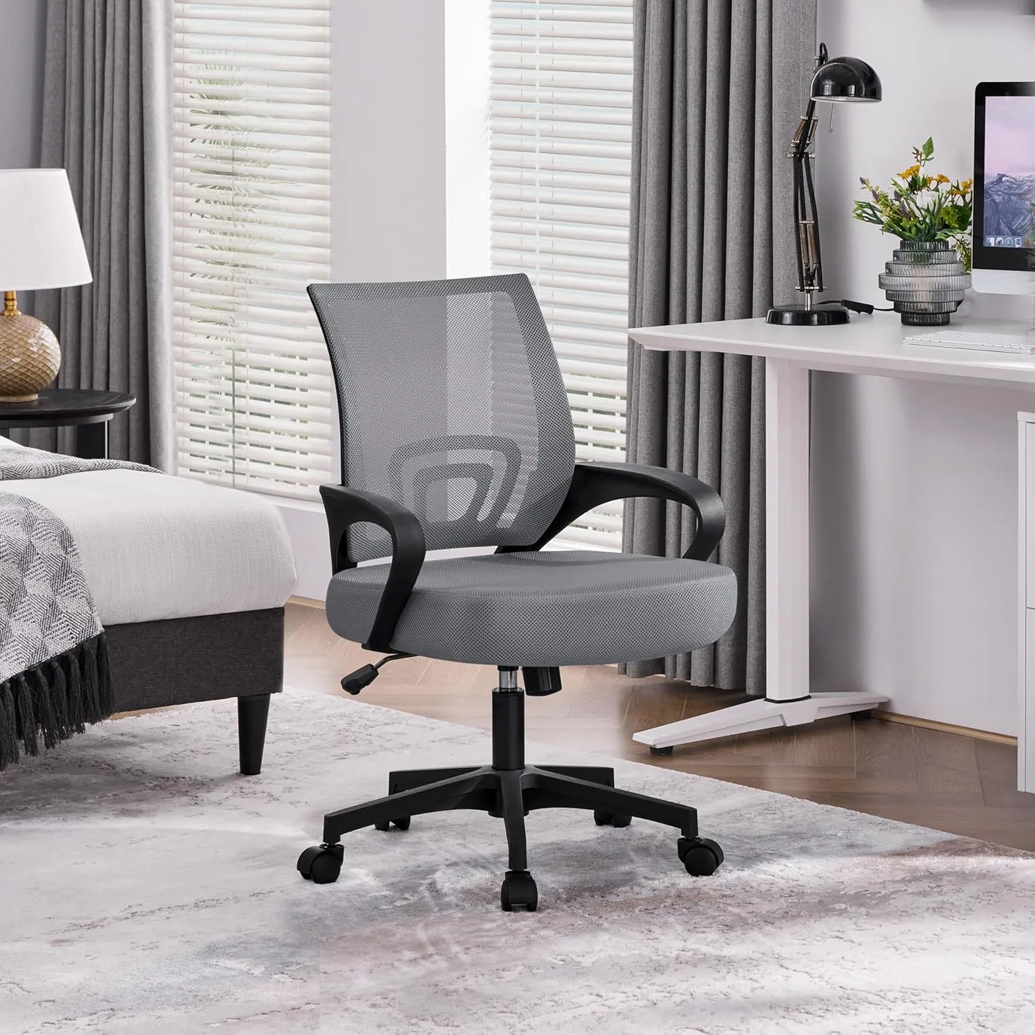 Yaheetech Mid Back Office Chair Executive Task Swivel Rolling Gaming Chair with Lumbar Support and Armrests Rolling Casters, Dark Grey
