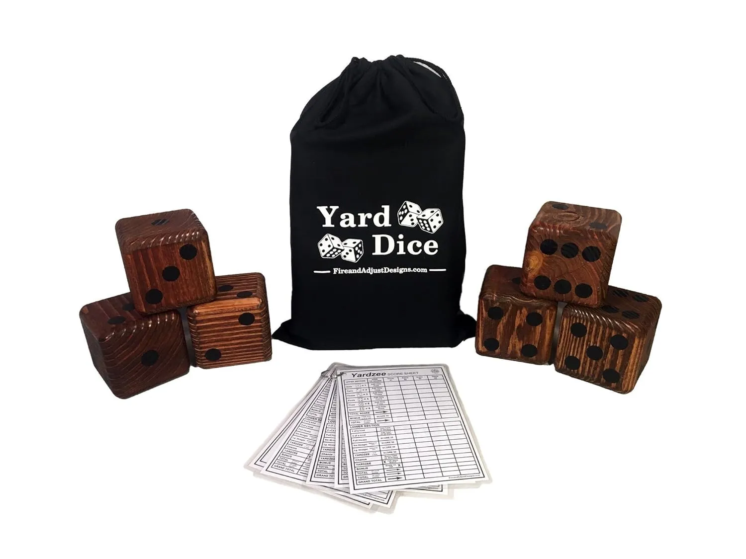 Yard Dice Giant Wooden Yard Game, 6 Solid 3.5" Wood Dice, Storage Bag, optional 5PK 5"x7" Yardzee and Yarkle Dry Erase Score cards, Great for Weddings, family reunions, Backyard BBQs and more