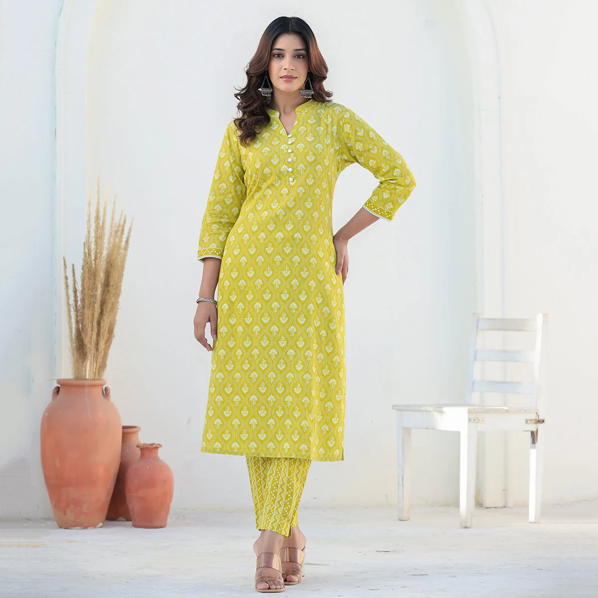 Yellow Cotton Straight Suit Set with Dupatta