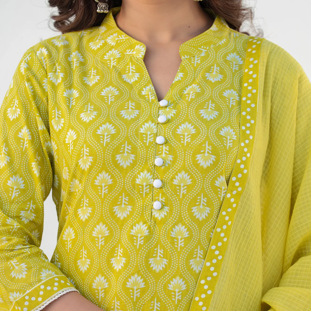 Yellow Cotton Straight Suit Set with Dupatta