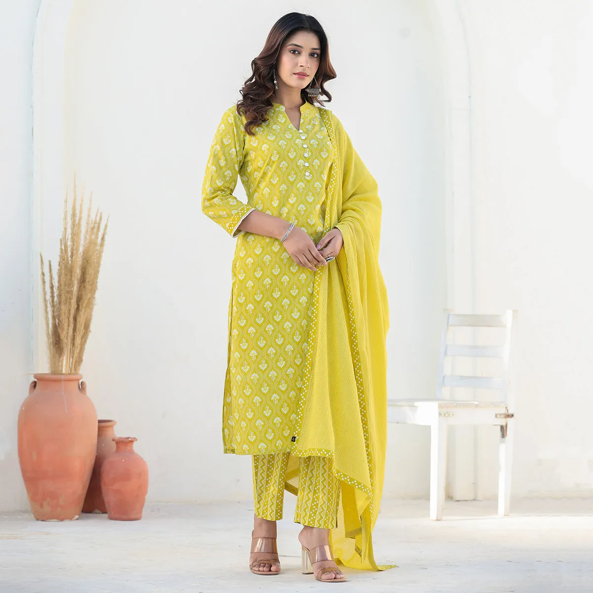 Yellow Cotton Straight Suit Set with Dupatta