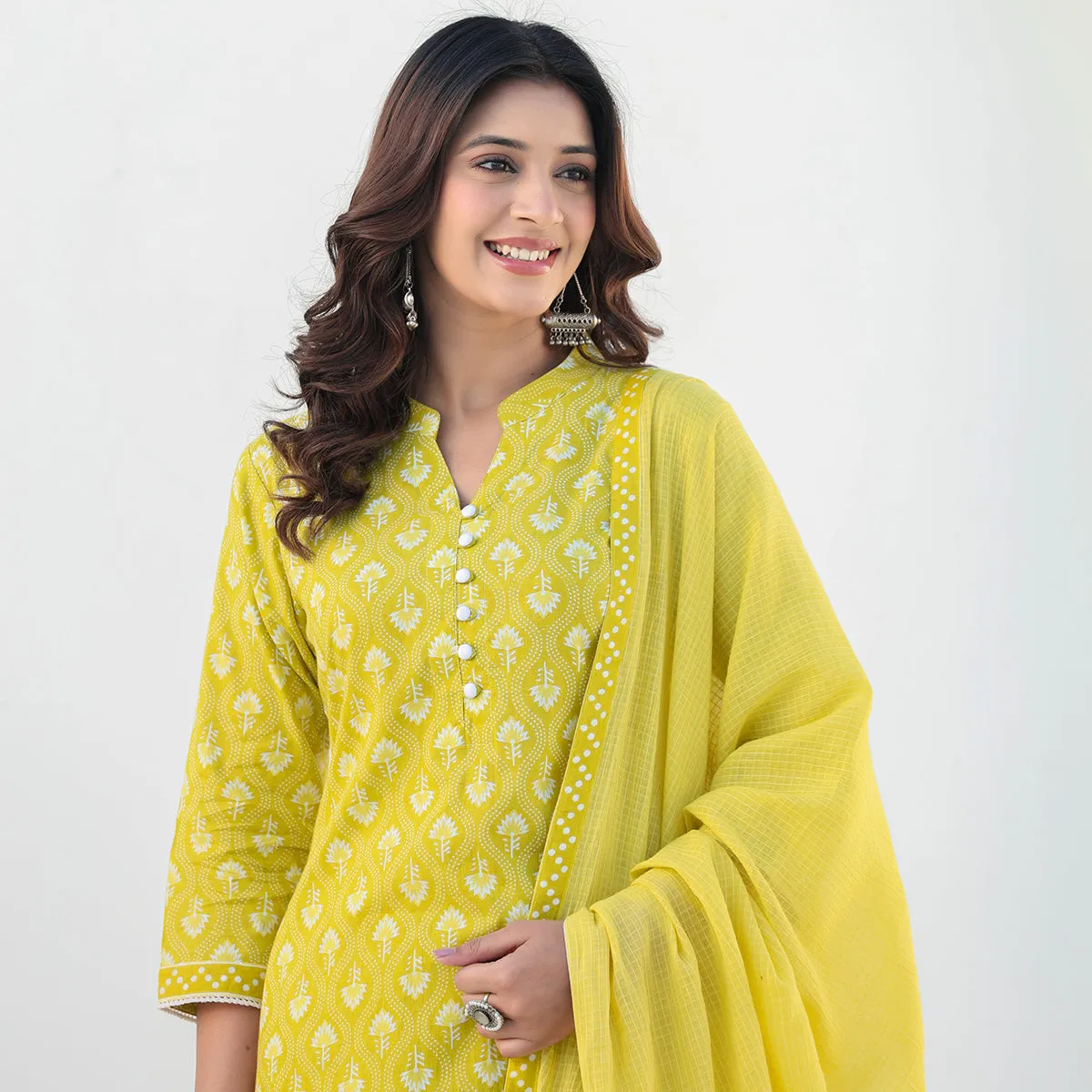 Yellow Cotton Straight Suit Set with Dupatta