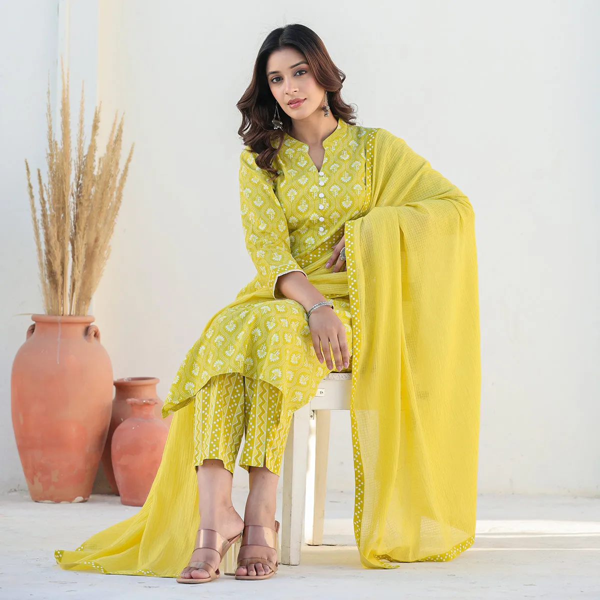 Yellow Cotton Straight Suit Set with Dupatta