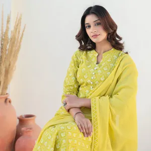 Yellow Cotton Straight Suit Set with Dupatta