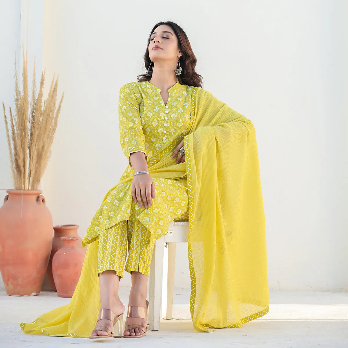 Yellow Cotton Straight Suit Set with Dupatta