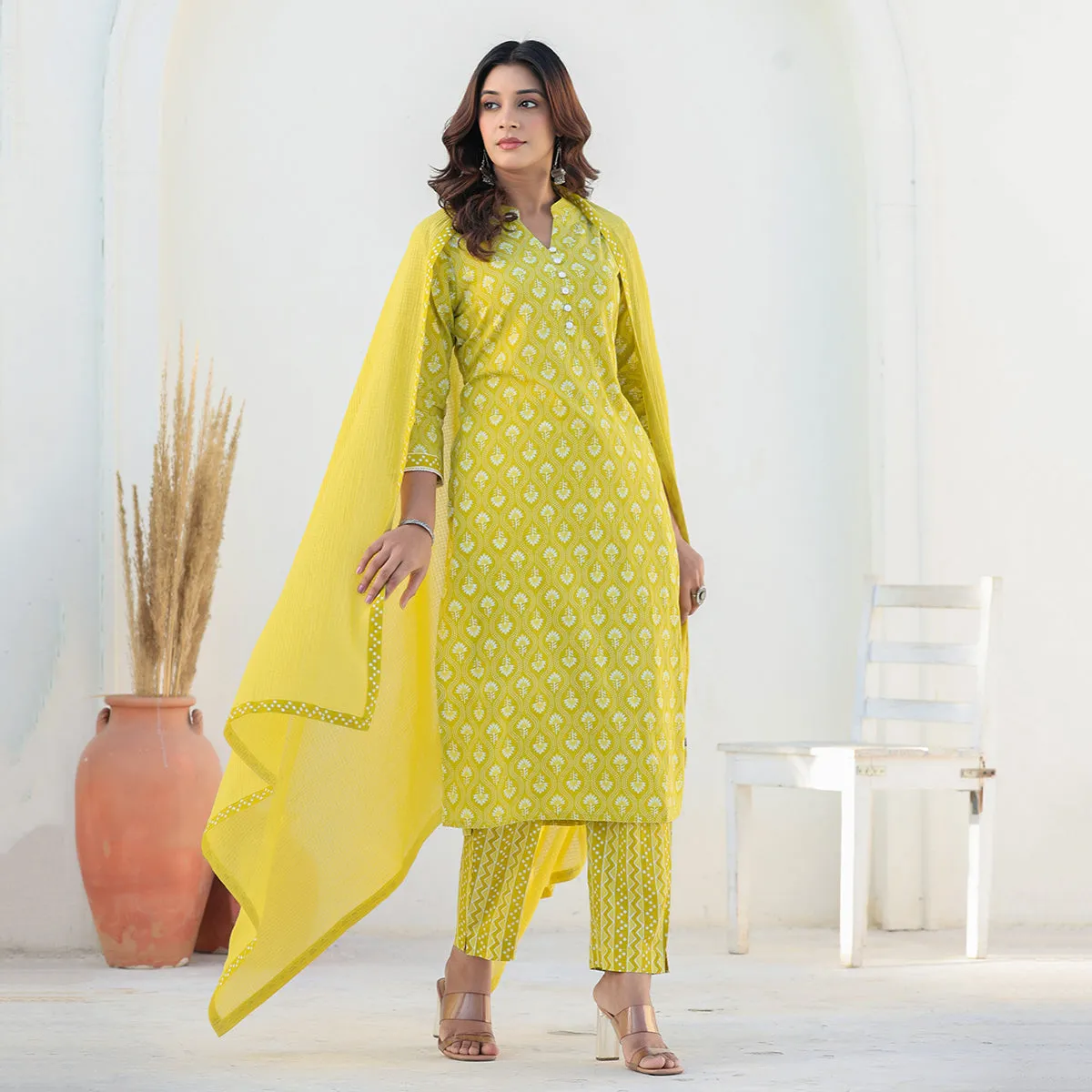 Yellow Cotton Straight Suit Set with Dupatta