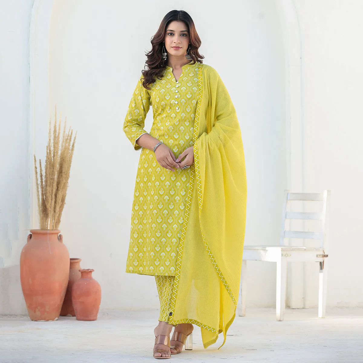 Yellow Cotton Straight Suit Set with Dupatta