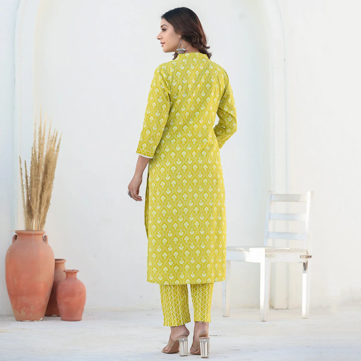 Yellow Cotton Straight Suit Set with Dupatta